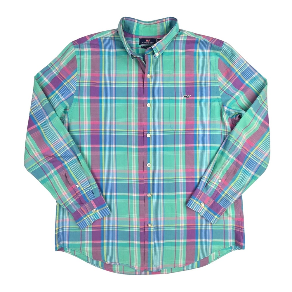 Vineyard Vines Slim Fit Tucker Shirt Mens Large Plaid Button Down Cotton Teal